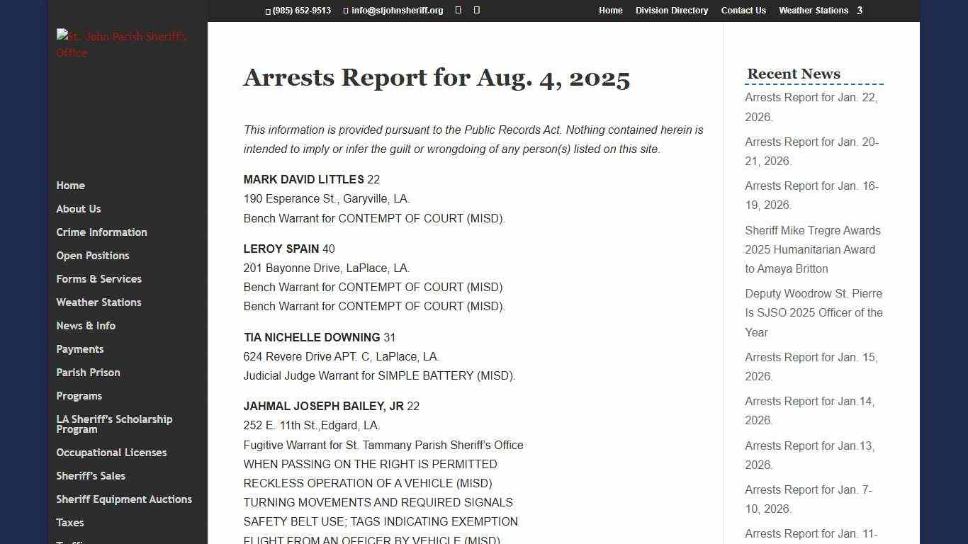 Arrests Report for Aug. 4, 2025 St. John Parish Sheriff's Office